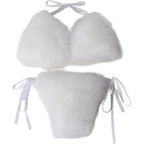 Women Sexy 2pcs Faux Fur Bikini Set Halter Swimsuit Solid Color Plush Clubwear