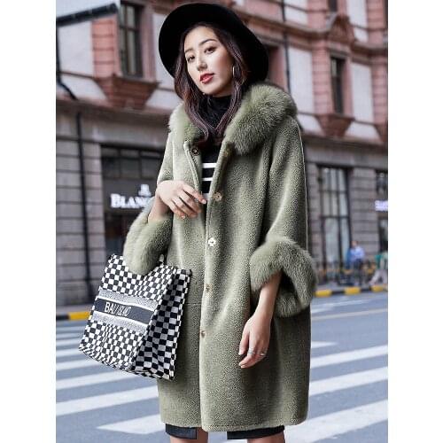 Shearling Sheep Real Fur Coat Female Wool Coats Winter Jacket Women Fox Fur Collar Korean Long Jackets Chaqueta Mujer MY s s