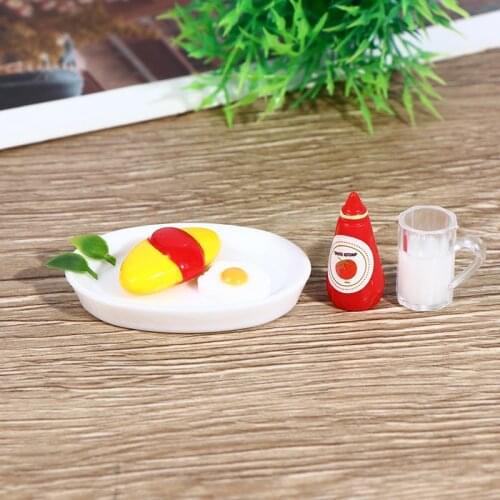 5pcs/set 1/12 Dollhouse Miniature Tomato Sauce Fried Egg Bread Milk Tray Set Kitchen Toys