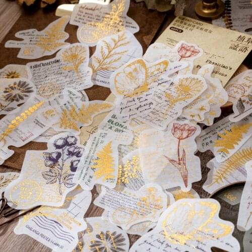 60pcs Vintage Gold Foil Flower Mushroom Butterfly Letter Words Washi Paper Journal Craft Planner Card Scrapbooking Sticker Set