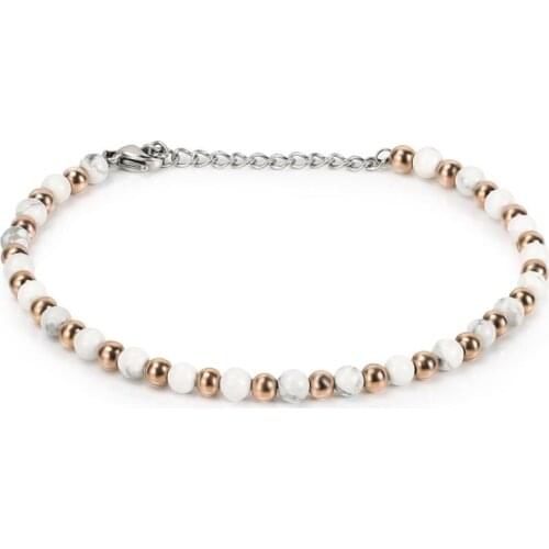 BOFEE Round Natural Beaded Stone Bracelet Hand Chain String Bangles Charm Vintage Stainless Steel Fashion Jewelry Gift Women Men