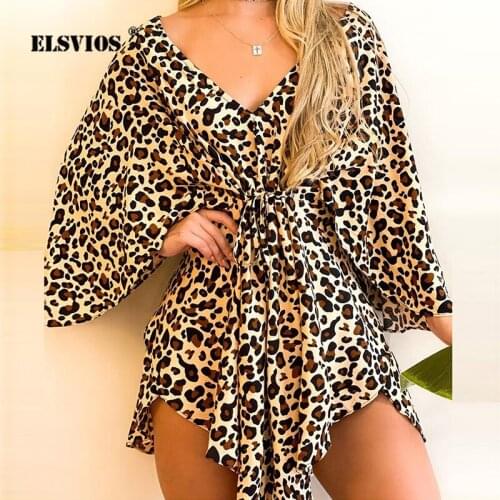 Elegant Leopard Floral Print Dress New Women Summer Sexy V-neck Flared Sleeves Irregular Lace-up Dress Lady Casual Party Dresses