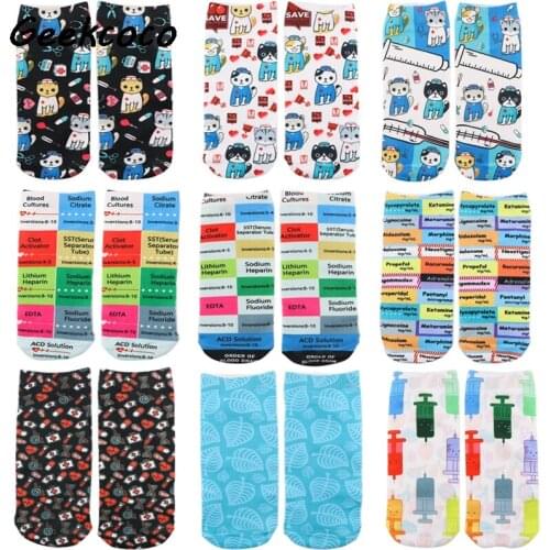 J2771 Cartoon Cat Cotton Sock Breathable Casual Medicine Pattern Short Sock Medical Pattern Ankle Sock For Doctor Nurse