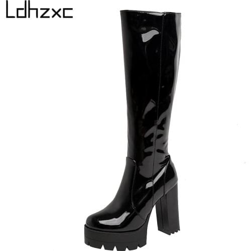 LDHZXC 2020 Platform Fashion Autumn Winter Knee High Boots patent leather platform High Heel All Match Women Shoes Size 34-43