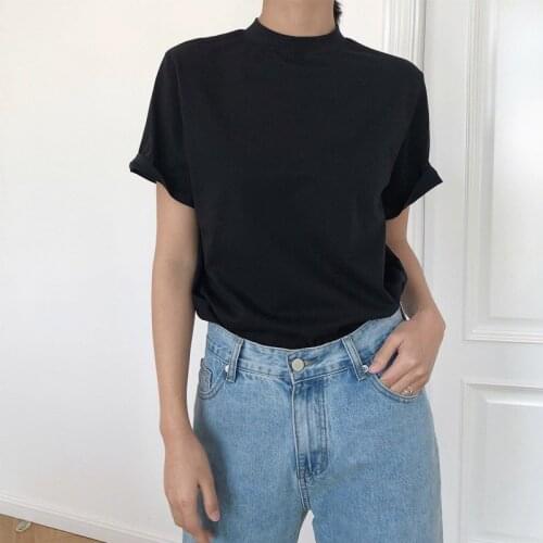 Summer womens T-shirt casual solid color round neck short sleeve T-shirt