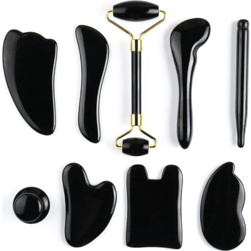 Natural Gouache Jade Stone Roller Massager For Facial body neck Black Obsidian Guasha Massage Cellulite Slimming Face Tools 3PCS