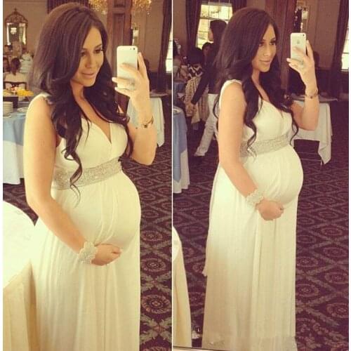 Maternity Wedding Dresses 2020 New V-Neck Sleeveless Beaded Sash Floor Length Empire Chiffon Bridal Gowns Custom Made
