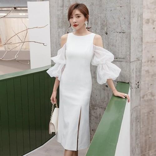 YIGELILA Autumn New Arrivals White Dress O-neck Three Quarter Sleeves Mid-calf Dress Puff Sleeves Birthday Party Dress 65399