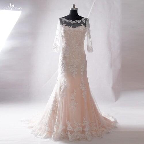 RSW889 Modest White Lace Backless And Champagne Wedding Dress With Sleeves