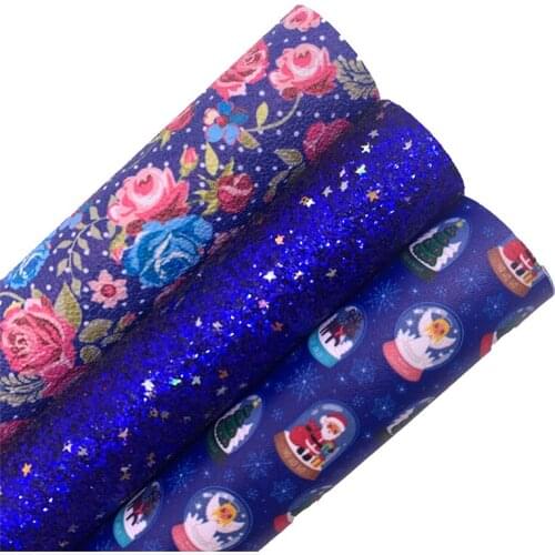 Blue Chunky Glitter Matching with Blue Gumballs Printed Faux Leather Rose Flowers Printed Synthetic Vinly Fabric 21X29CM 6S117A