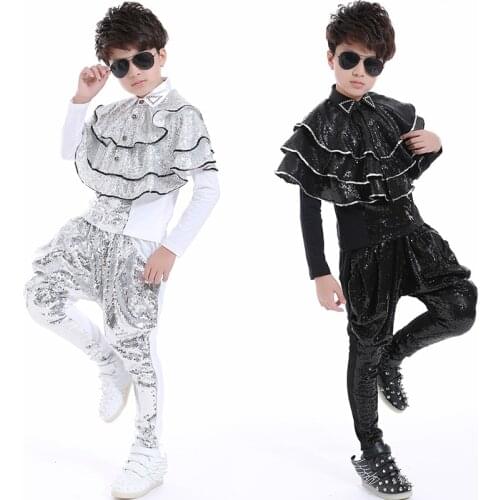 Hip Hop Dance Costume Kids Fashion Sequined Cape Shawl Harem Pants Set Boys Jazz Street Dancing Clothes Stage Show Wear DNV12482