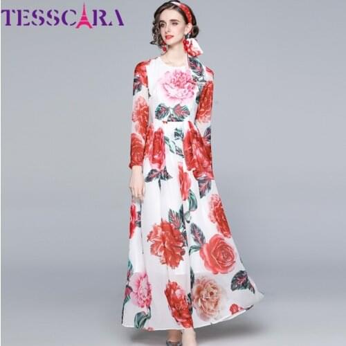 TESSCARA Women Spring Elegant Floral Chiffon Dress Festa High Quality Long Maxi Party Robe Femme Vintage Designer Red Vestidos