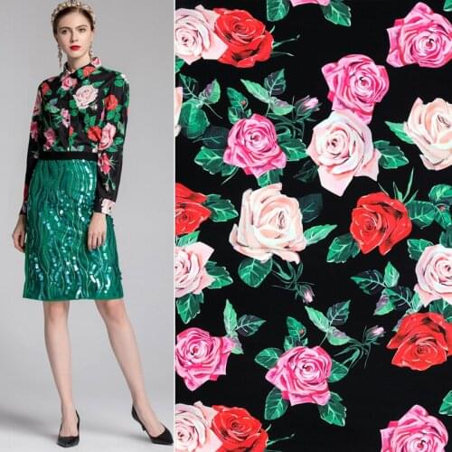 50x145cm Width Mix Rose Print Black Polyester Charmeuse Fabric for Woman Summer Dress Pajama Shirt Pants Sewing DIY