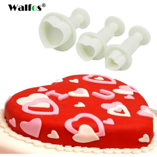 WALFOS 3 pieces Fondant Gum Paste Cupcake Mold Love Heart Shape Cookie Plunger Cutter Biscuit Christmas Cake Decorating Tool