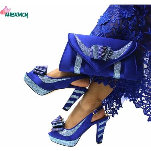 Royal Blue Color Fashionable INS Hot Sale Specials Design Nigerian Women Shoes and Bag Set with Platform Slingback Sandals