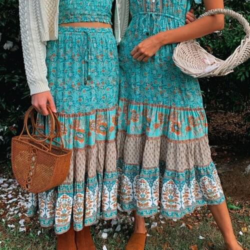 TEELYNN Vintage green Floral Print long Skirt women Casual Elastic Waist Midi Skirts summer 2020 Boho Hippie Beach mujer faldas