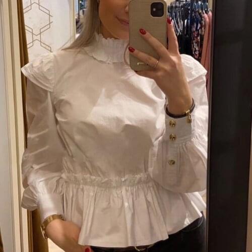2021 Early Spring New Women Shirt Palace Style White Lace Waist Collar Ruffled Cotton Top