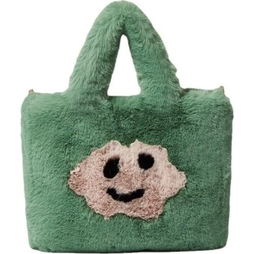 Women Aplush Smiley Handbag Buckle Shoulder Bag Cute Soft Ladies Chainladies Faux Fur Chain Bag Female Party Little Girl Gift