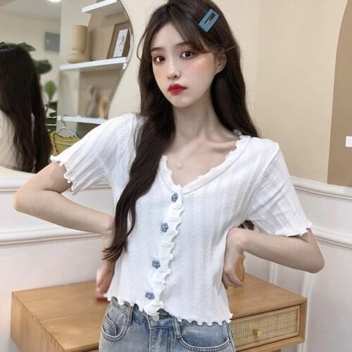 Women V Neck Slim Sweet T-shirts Knitted Short Sleeve Cardigan Tops Female Summer T-Shirt