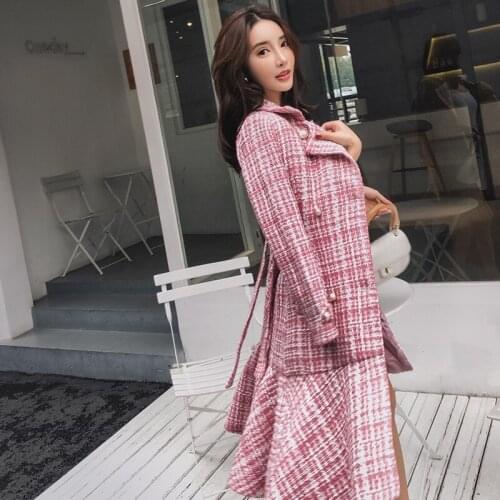 Elegant Mermaid Womens Pink Plaid Tweed Coats Autumn Winter Long Sleeve Double Breasted Belt Waist Medium Length Trench Coats