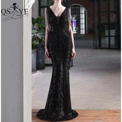 Beading Sleeves Prom Dresses Mermaid V Neck Black Evening Dress Bead Straps Long Fit Formal Party Dress Women Vestido Open Back