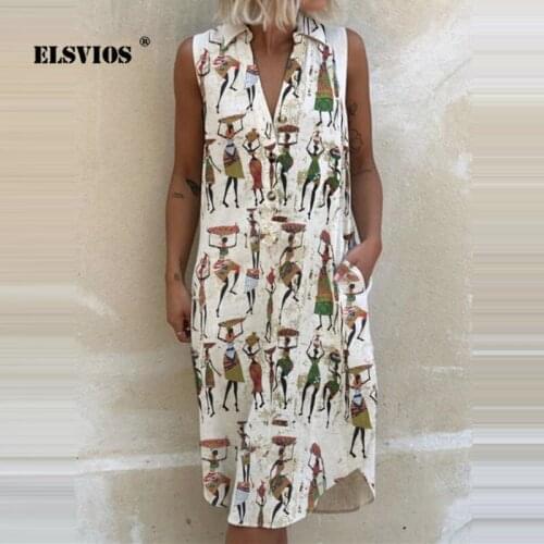 Vintage Printed Summer Women Buttons V Neck Fashion Loose A-line Dress Casual Sleeveless Dress Elegant Slim Office Lady Dresses