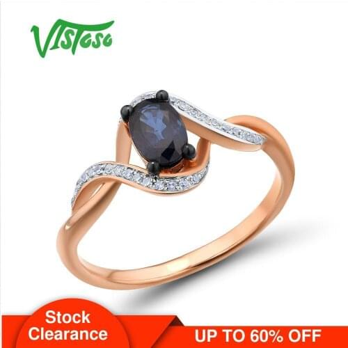 VISTOSO Gold Rings For Women Genuine 14K 585 Rose Gold Ring Sparkling Diamond Oval Blue Sapphire Luxury Trendy Chic Fine Jewelry
