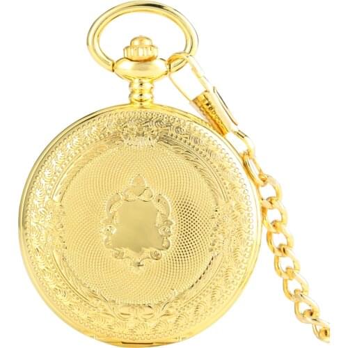 Golden Pocket Watch Black Roman Numerals Dial Manual Mechanical Clock Thick Chain Pendant Exquisite Carving Pattern Gift For Dad