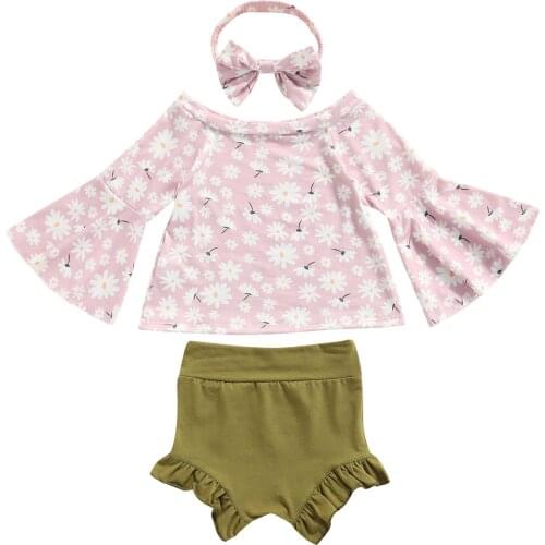 2021 0-3Y Sweet Kids Baby Girl Clothing Set Floral Print Flare Long Sleeve Blouse Top+Green Solid Shorts+Headband Summer 3pcs