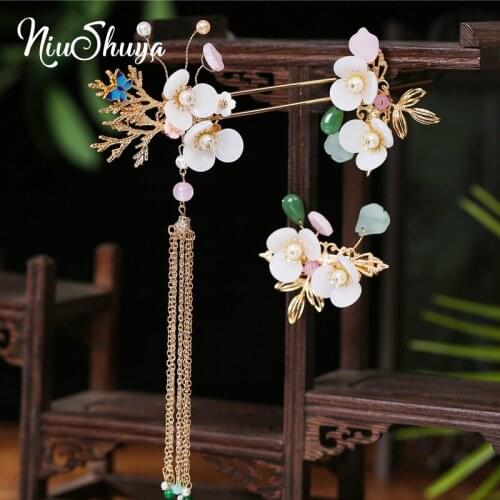NiuShuya Sweet Hanfu Headdress Flower Hairpin Super Fairy Chinese Retro Long Tassel Step Shake Hair Clip Handwork Hair Accessory