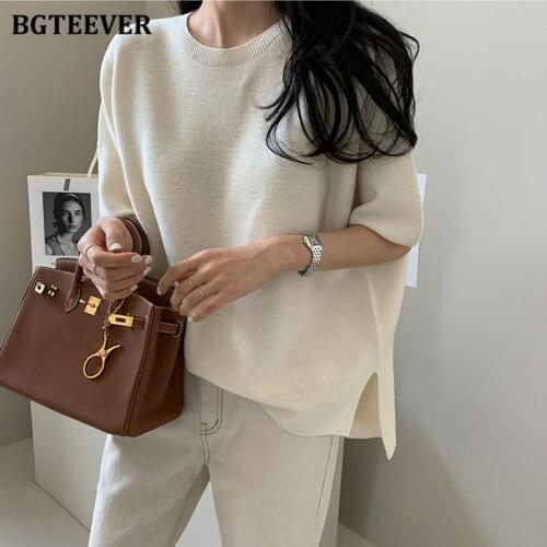 BGTEEVER Summer Autumn Casual Soft O-neck Knitted T-shirts for Women Short Sleeve Loose Side Split Female Knitting Tops 2020