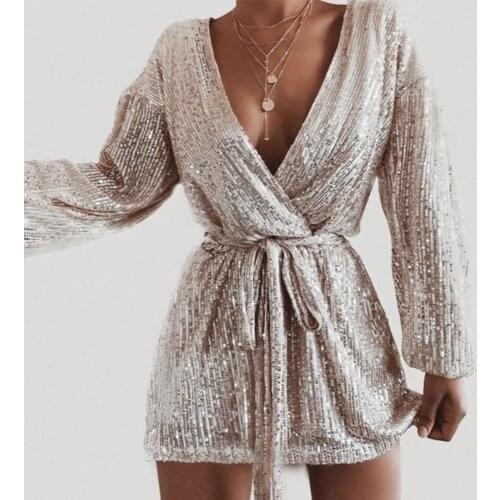 BE HYGGE Shining Sequined Prose Silver Wrap Dress Women Sexy Club Evening Party Wear Dress Long Sleeve Female Short Dresses