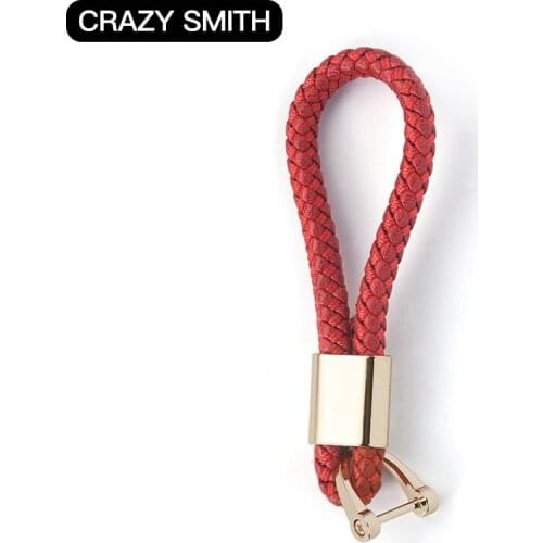 Crazy Smith French Goat Skin Leather Braided Rope Key Fob High Quality 100% Genuine Leather Weaved Keychain Classic Black Red
