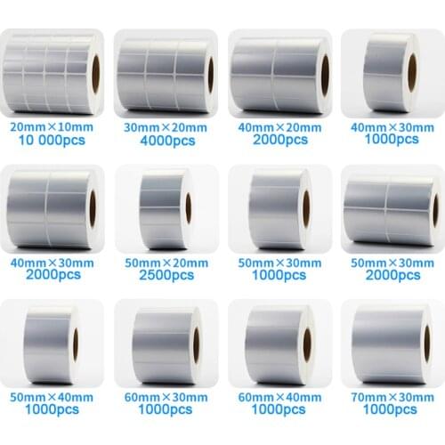Free shipping matte silver PET barcode label 100 90 80 70 60 40 50 30 20 thermal transfer printer sticker