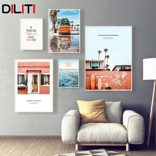 Summer Holiday Ocean Beach Wall Art Nordic Camper Bus Canvas Posters for Living Room Modern Decorative Painting Pictures