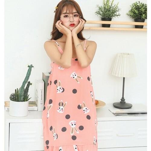 Summer Printed NIghtdress Women Cartoon Print Sling Nightdress Sweet Girls Nightgown