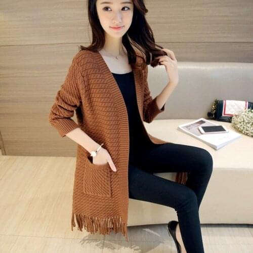 Hot-selling Ladies Elegant Long Knitted Cardigan Korean Womens Long-sleeved Fringed Sweater Coat Pocket Cardigan