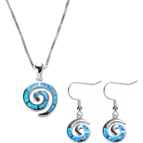 Fashion Animal Accessories Set For Women Imitation Blue Fire Opal Cute Spiral Pendant Necklace Earrings Women Wedding Jewelry
