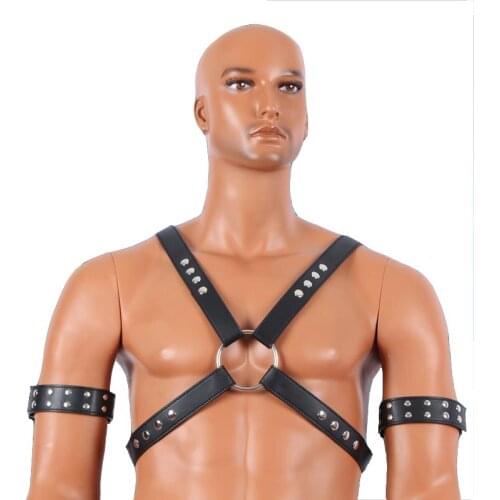 Male Bondage Punk Leather Adjustable Straps Chest Harness Belt Top with Arm Binders Set Men Metal Studs Fetish Costume