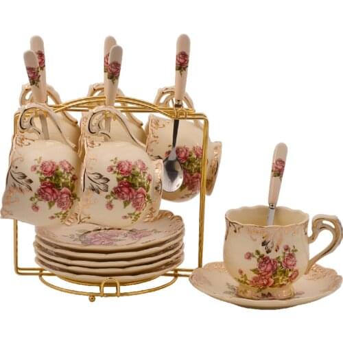 Coffee Cup Set European Style Afternoon Tea Cup Saucer Set Ceramic Coffee Cup Set With Saucer Spoon & Handle Rack