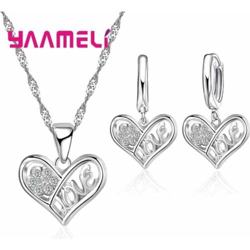 Real 925 Sterling Silver Accessories Heart Love Necklace Earring Jewelry Sets Best Anniversary Gifts For Women Femme