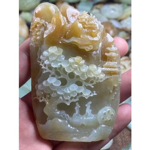 Natural he tian jade A HandCarved landscape jadeite jade yellow jade pendant jade necklace jewelry necklaces