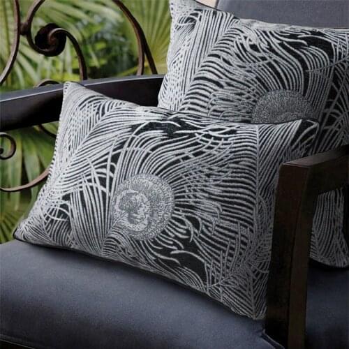 DUNXDECO Cushion Cover Decorative Pillow Case European Luxury Black Silver Peacock Feather Jacquard Coussin Room Sofa Deco