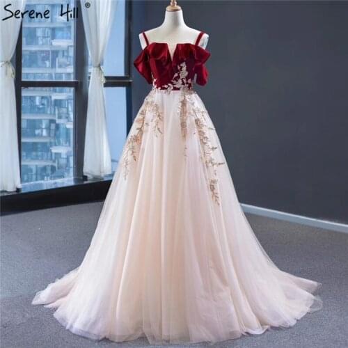Serene Hill Wine Red Champagne Sleeveless Sexy Evening Dresses Handmade Flowers A-Line Formal Evening Gowns 2020 CHM66998