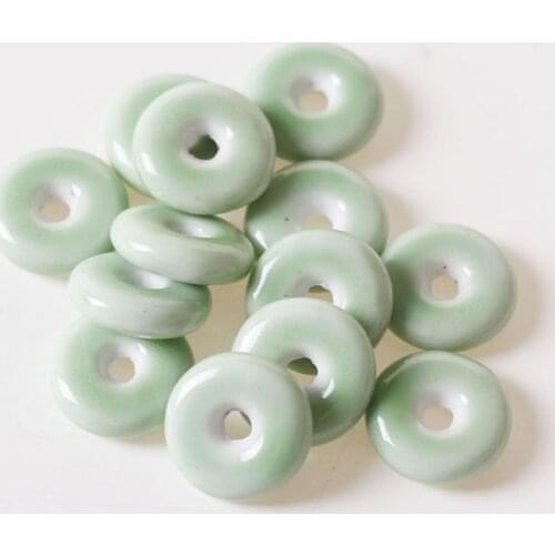 10pcs 21*7mm Flat Round Ceramic Bead Green Porcelain Loose Beads Handmade DIY Hole Beads For Jewelry Making