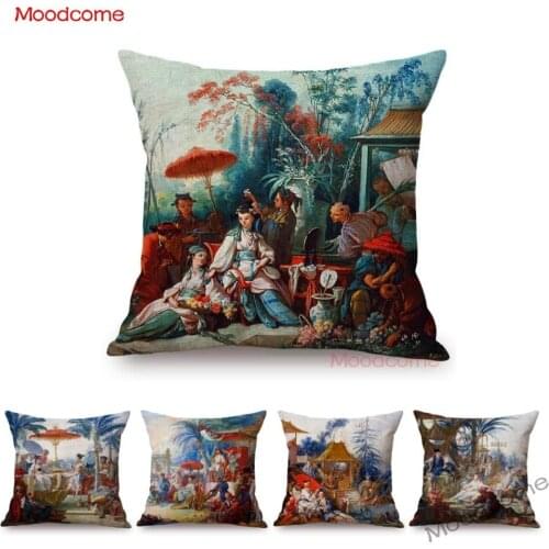 Mysterious Exotic Oil Painting Rococo Style Le Jardin Chinois Francois Boucher Art Throw Pillow Case Linen Sofa Cushion Cover