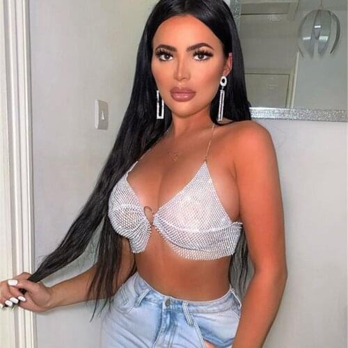 Sexy Rhinestones Sleeveless Chain Strap Halter Crop Tops Hollow Out Backless Cami Vest Club Party Oufits Women Summer Fashion