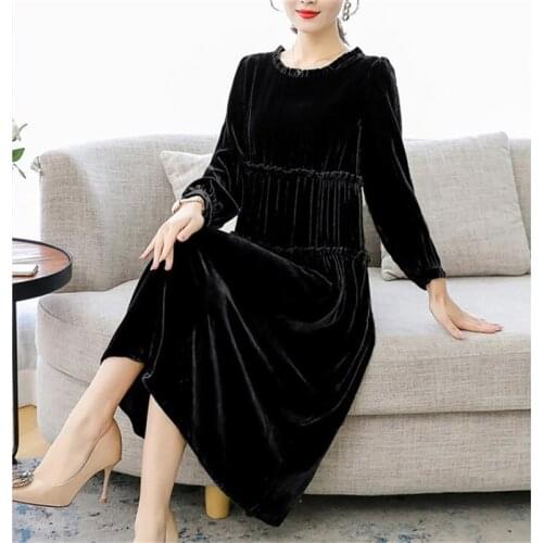 Vintage Velvet Women Autumn Dress Plus Size Three Quarter Sleeves Ruffles Winter Midi Dress Vestidos Large Size M-7XL Green Blue