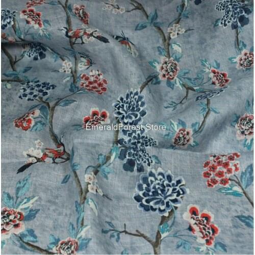 High quality new ramie printed fabric, bird summer thin fine robe dress fabric