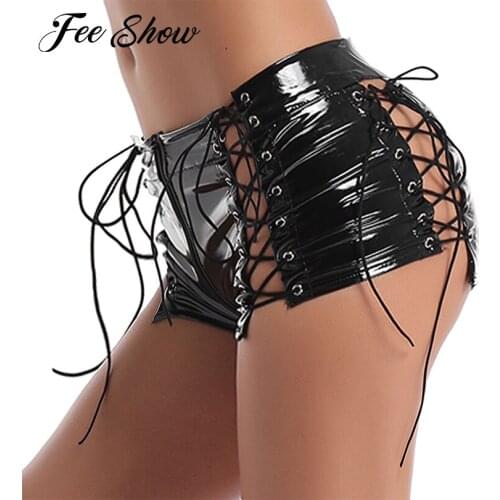 Womens Wet Look Patent Leather Sexy Panties Low Rise Hollow Out Lace-up Zipper Crotch Booty Shorts Mini Hot Pants for Night Club